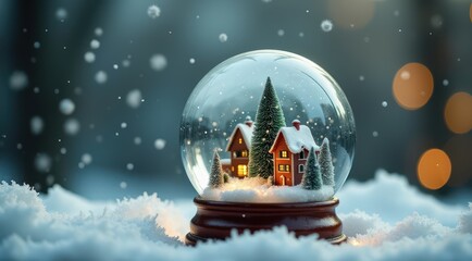 Magical snow globe featuring a cozy winter village with glowing lights and snow-covered trees