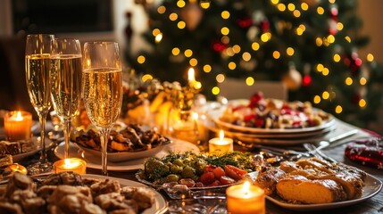 Christmas Dinner Table with Champagne, Food, and Christmas Tree Lights in the Background