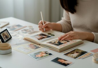 Young asian woman arranging photographs in a family photo album, enjoying scrapbooking as a creative hobby at home