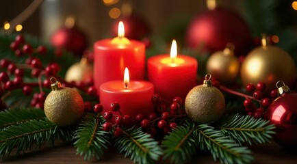 Lit red candles surrounded by evergreen branches and berries, creating a cozy holiday atmosphere