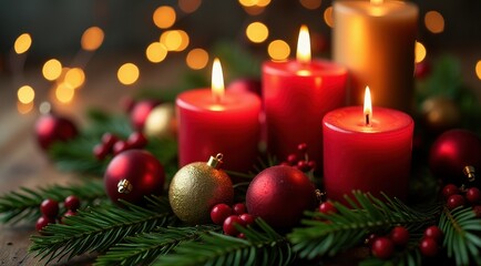 Lit red candles surrounded by evergreen branches and berries, creating a cozy holiday atmosphere
