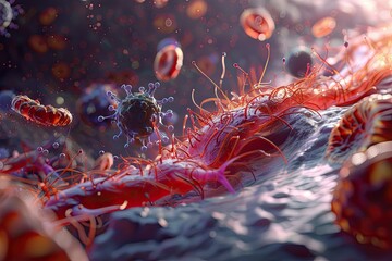 Red and white blood cells in a blood vessel during illness, vibrant 3D rendering.
