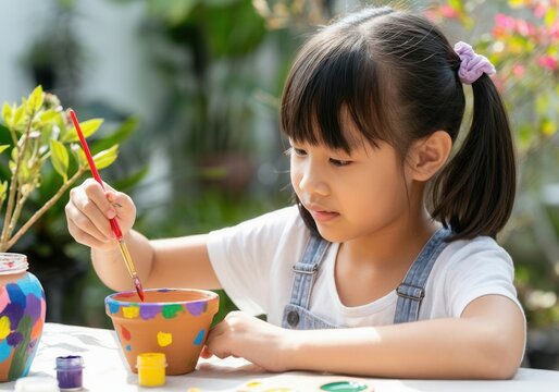 Concentrated young asian girl painting a terracotta pot, enjoying a creative activity outdoors