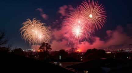 Fototapeta premium Bright red and gold fireworks illuminate the night sky over a cityscape, celebrating the New Year
