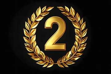 Golden number 2 with laurel wreath symbolizing recognition, achievement, and excellence; ideal for awards, rankings, and celebrating success and milestones