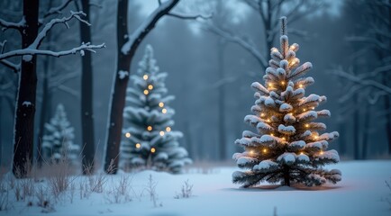 A glowing Christmas tree covered with snow in a tranquil winter forest under soft evening light