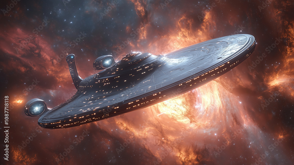 Poster futuristic spaceship travels through the colorful nebula in deep space, surrounded by vibrant stars 