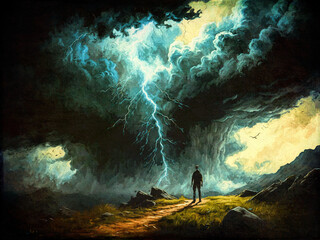 Fototapeta premium Dunkle Kunstlandschaft mit bedrohlichem Gewitterhimmel und einsamer Figur auf einem gewundenen Pfad in der Dämmerung