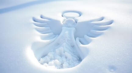 Snow angel imprint in freshly fallen snow creating a serene winter scene