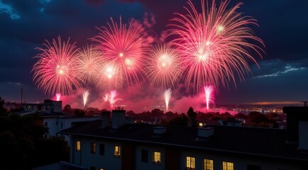 Obraz premium Bright red and gold fireworks illuminate the night sky over a cityscape, celebrating the New Year
