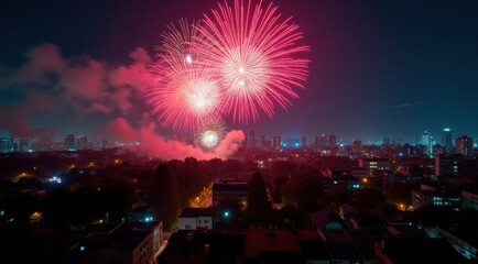 Bright red and gold fireworks illuminate the night sky over a cityscape, celebrating the New Year