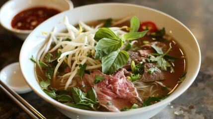 A mouthwatering bowl of Vietnamese pho with tender slices of beef, rice noodles