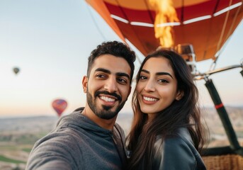 Young smiling middle eastern couple taking a selfie while enjoying a hot air balloon ride
