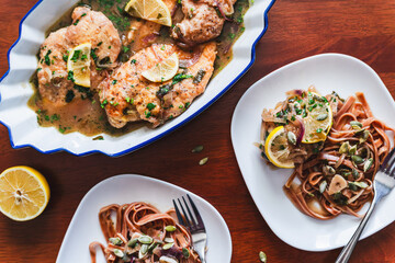 autumn recipe Thanksgiving turkey stew with lemons and pumpkin pasta