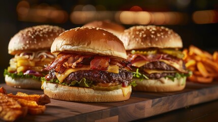 A mouthwatering burger bar with juicy beef patties, melted cheese