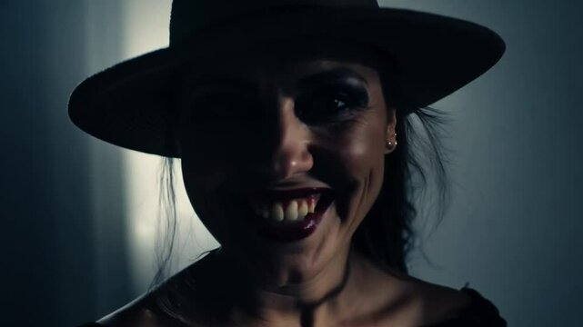 A woman in a hat smiles mischievously in a dark room