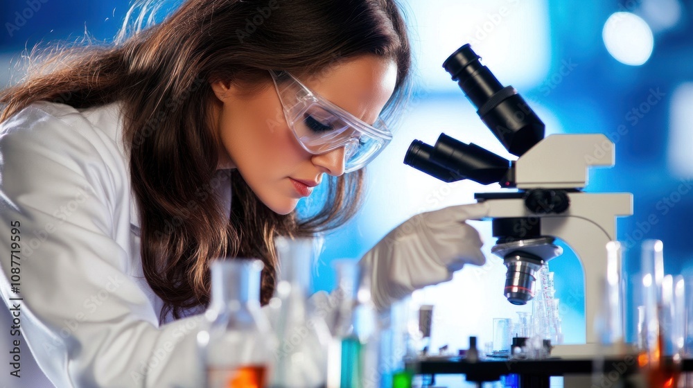 Poster woman scientist uses microscope in laboratory setting