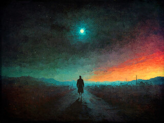 Fototapeta premium Einsamer Wanderer auf einem stillen Weg unter einem leuchtenden Himmel bei Dämmerung in einer ländlichen Umgebung