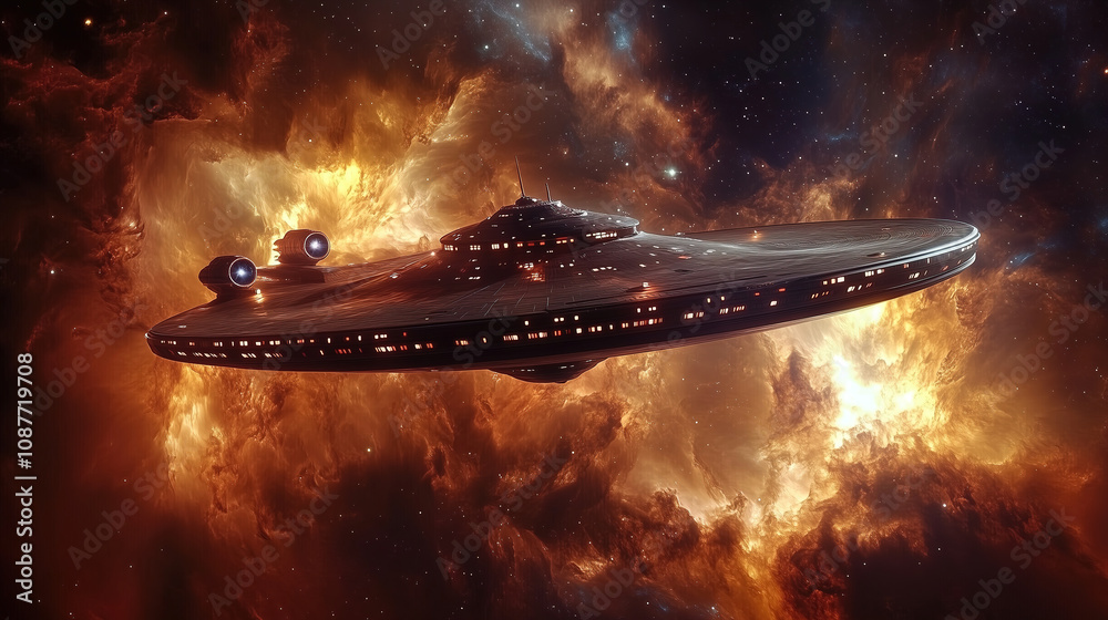 Poster a futuristic spaceship explores a vibrant and colorful nebula filled with bright stars, set in deep 