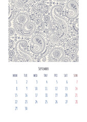 Calendar 2025 September page template with monochrome black and white paisley pattern decoration.
