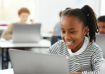 Happy young african american girl pupil enjoying online education, using laptop in computer class