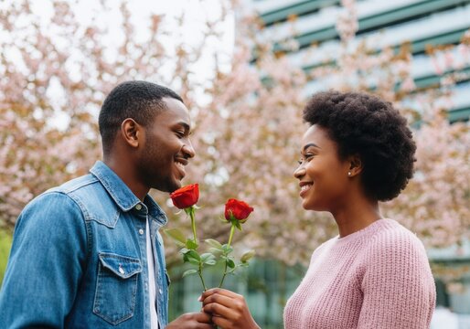 Romantic young african american couple exchanging red roses, enjoying a date in a beautiful city park filled with blooming trees