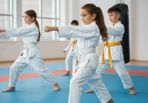 Caucasian children practicing karate in a dojo, wearing white kimonos and belts, punching during a training session