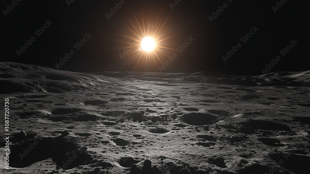Poster sunrise on the lunar surface illuminating craters and shadows in the emptiness of space during a ser
