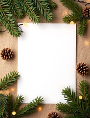 Fototapeta premium A blank Christmas card features fir branches, pinecones, and string lights on a horizontal burlap sack cloth background with a New Year theme.
