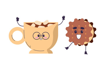 Cute Cacao and Cookie Product with Smiling Face and Legs Vector Illustration
