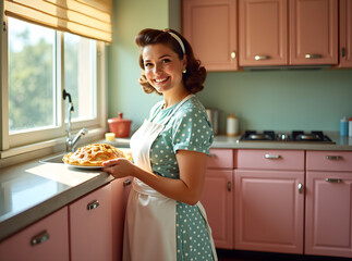 A cheerful housewife in a polka dot dress and apron places a pie on the windowsill in a bright 1950s kitchen with pastel appliances