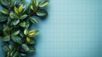 Obraz premium A close-up of green leaves on a grid-patterned background, creating a calming aesthetic.