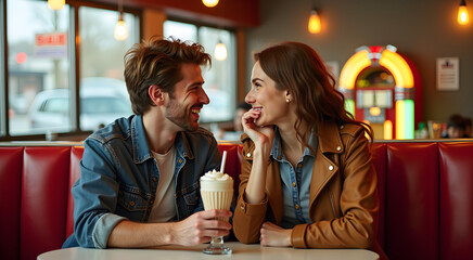 A young couple enjoys a milkshake at a retro diner with red vinyl booths and a glowing jukebox in the background