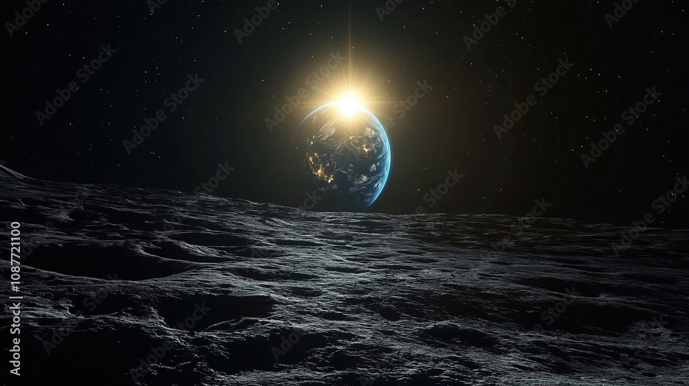 Poster stunning view of earth rising over the lunar surface with a bright sunrise illuminating the distant 