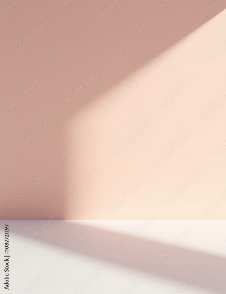 Aufkleber A calm, open space features a smooth surface against a muted pink wall, divided by shadows from a single window.