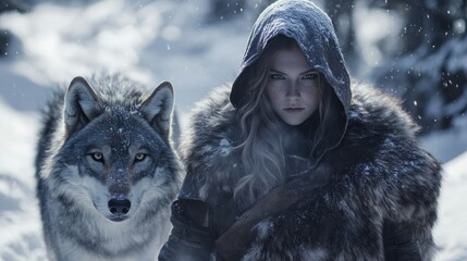 A hooded female warrior wearing armor accompanies a wolf in the snowy winter background wallpaper AI generated image