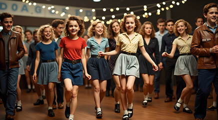 Fototapeta premium A group of teenagers dances joyfully at a 1950s sock hop, wearing saddle shoes, poodle skirts, and leather jackets under festive string lights