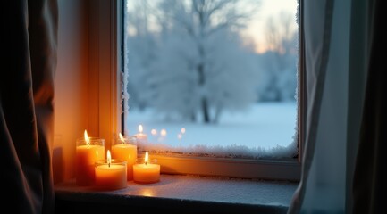 Lit candles on a snow-covered windowsill creating a warm cozy ambiance during winter