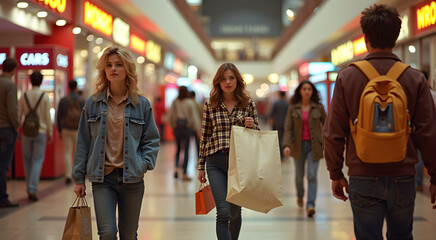 A bustling 1980s shopping mall showcases teenagers carrying oversized shopping bags amid vibrant neon store signs and arcades in the background