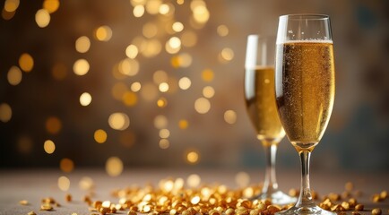 Champagne glasses with golden confetti and sparkling bubbles celebrating a festive occasion