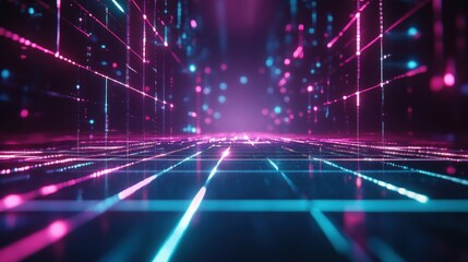 Obraz premium Retro concept background of futuristic glowing long hallway grid lines neon purple blue wallpaper AI generated image