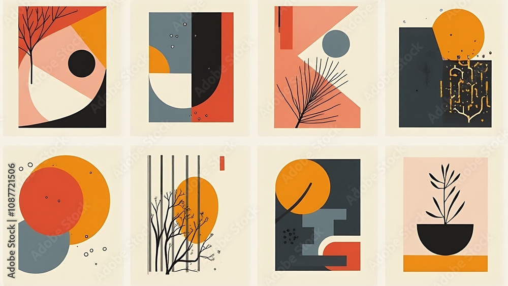 Poster A collection of modern arts posters featuring abstract shapes and bohemian styles with mid century minimalist backgrounds and geometric patterns.