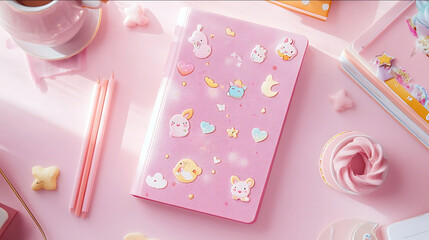 a pink journal covered in cute stickers on a light pink desk overhead