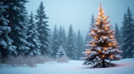 Fototapeta premium A glowing Christmas tree covered with snow in a tranquil winter forest under soft evening light