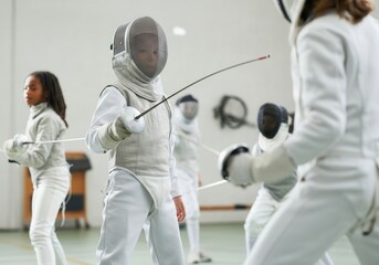 Group of young multi-ethnic fencers wearing protective gear practicing their fencing skills in a brightly lit gym