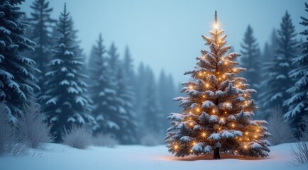 Naklejka premium A glowing Christmas tree covered with snow in a tranquil winter forest under soft evening light