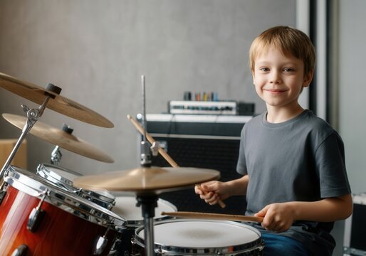 Young caucasian drummer boy playing drum kit in music studio
