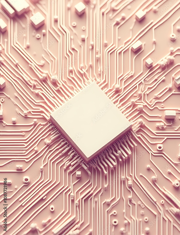 Aufkleber A computer motherboard with a circuit board and AI theme, featuring light beige and pink hues in a flat vector design style.