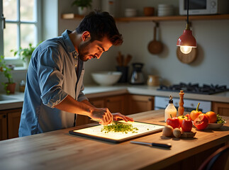A young indian male is cutting vegetables on a smart cutting board that displays nutritional data about the food in a modern kitchen setting