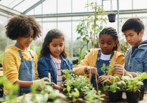 Multi-ethnic group of elementary school students working together to plant seedlings in a greenhouse